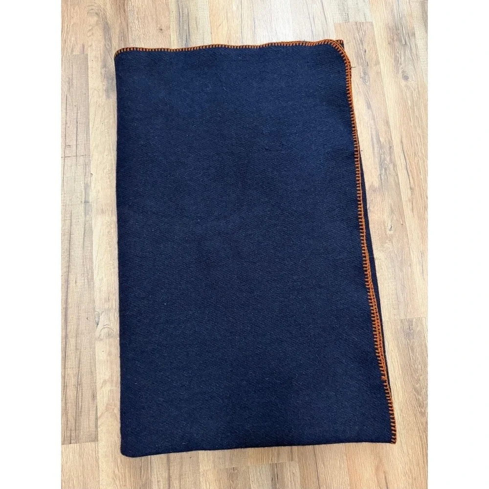 Jmr USA Wool Blend Navy Blue Blanket Orange Whip Stitch 66x82 Throw